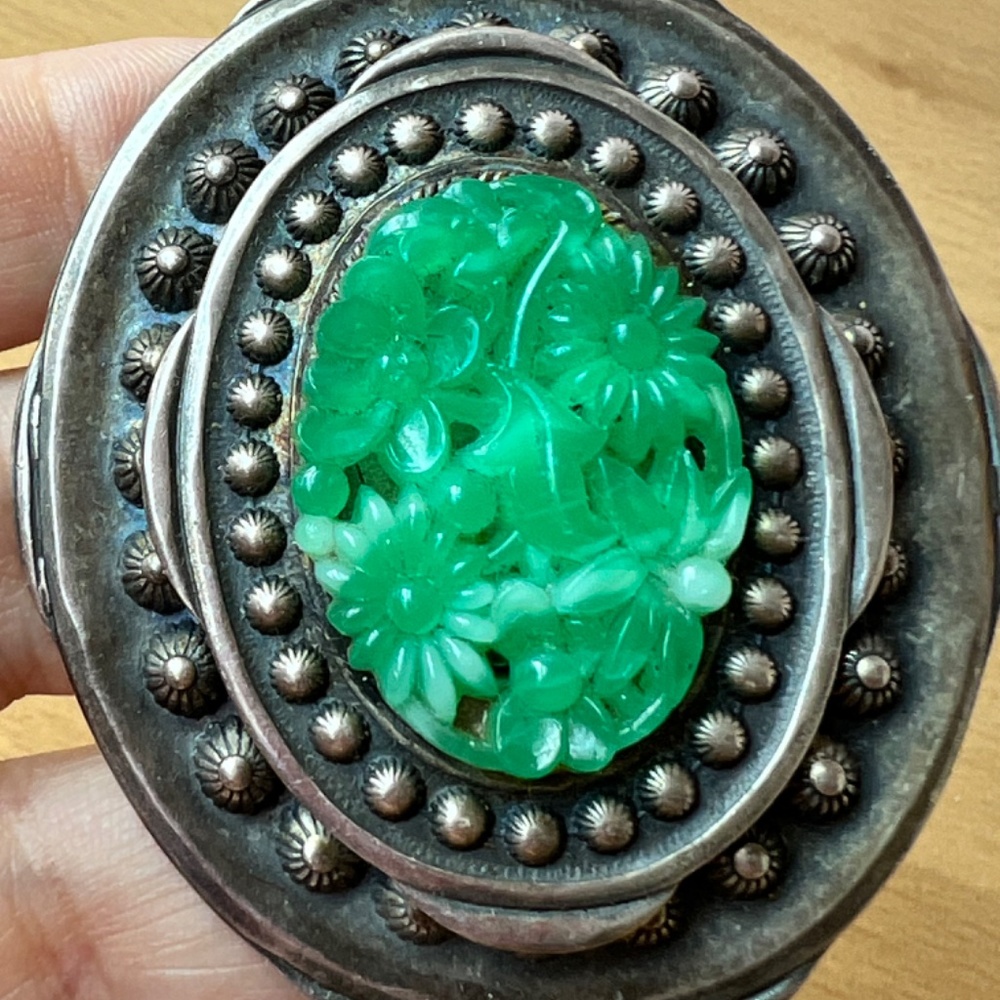 VINTAGE CHINESE EXPORT STERLING CARVED PEKING GLASS STATEMENT PENDANT PIN BROOCH - Picture 4 of 16